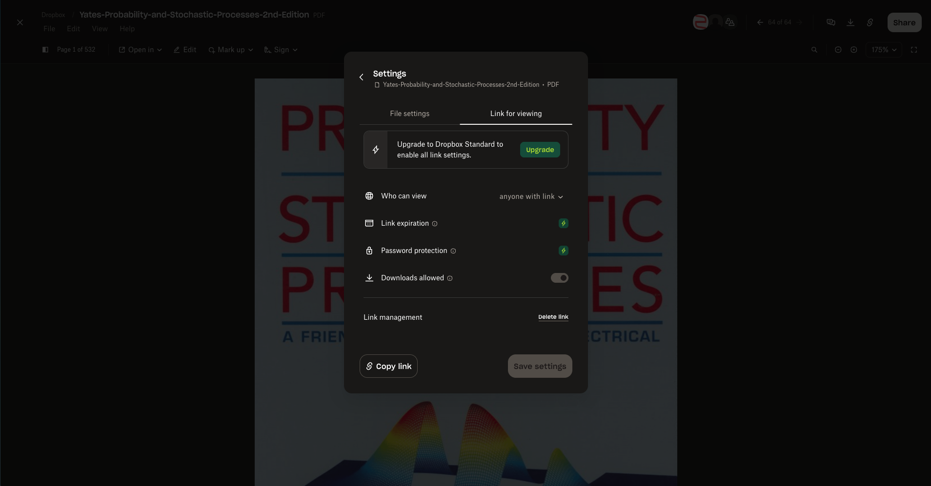 Dropbox sharing settings with link access controls.