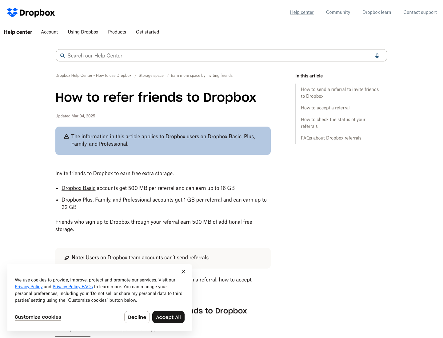 Dropbox’s official referral help article and qualification steps. Captured from the official source on 8 September 2026.