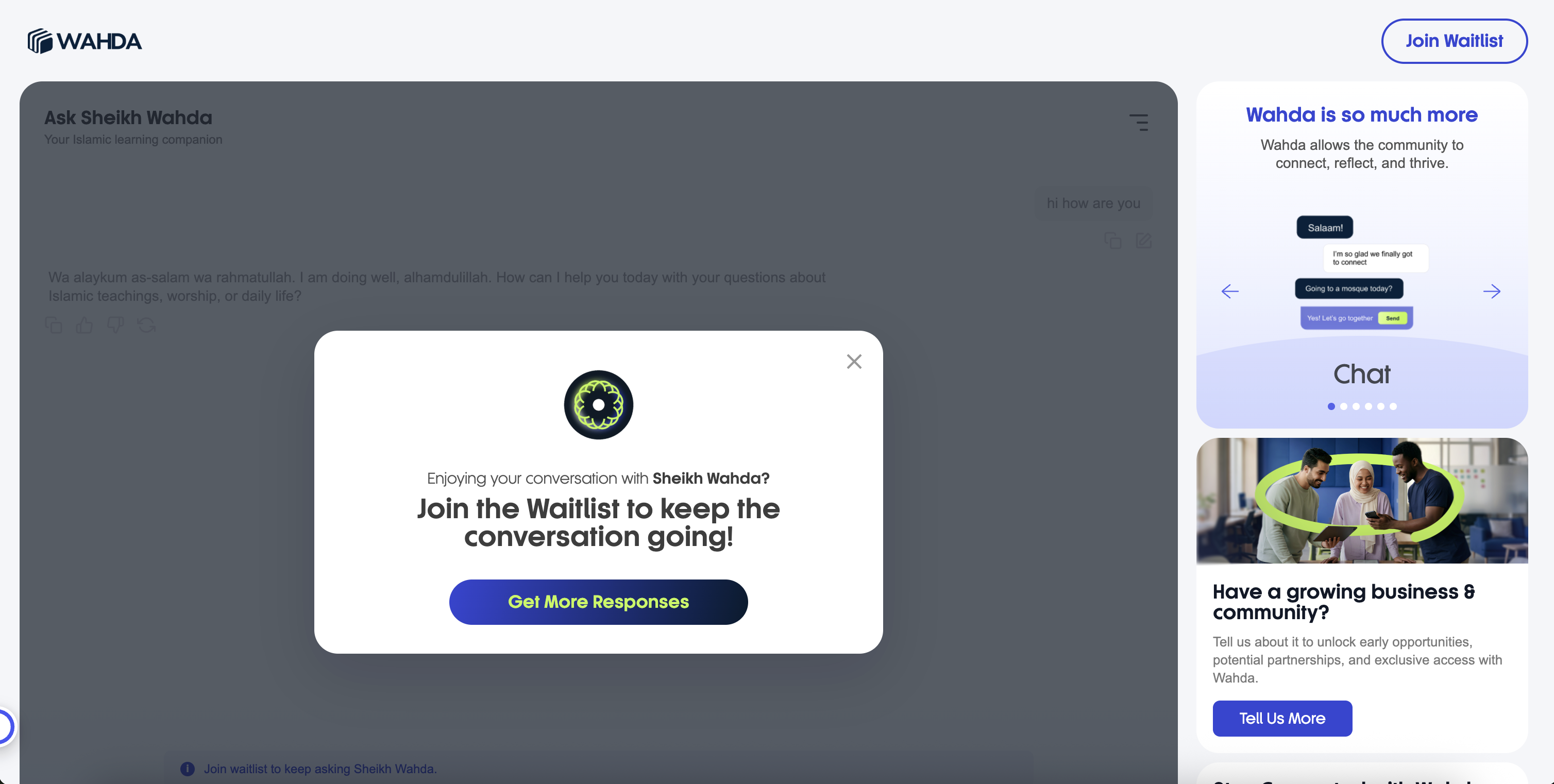 Conversation limit state with a waitlist continuation prompt.