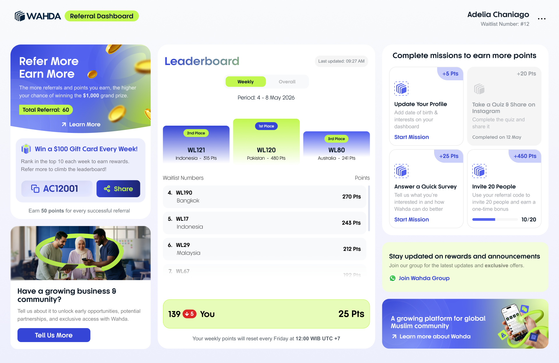Referral dashboard with points, missions, a leaderboard, and sharing.