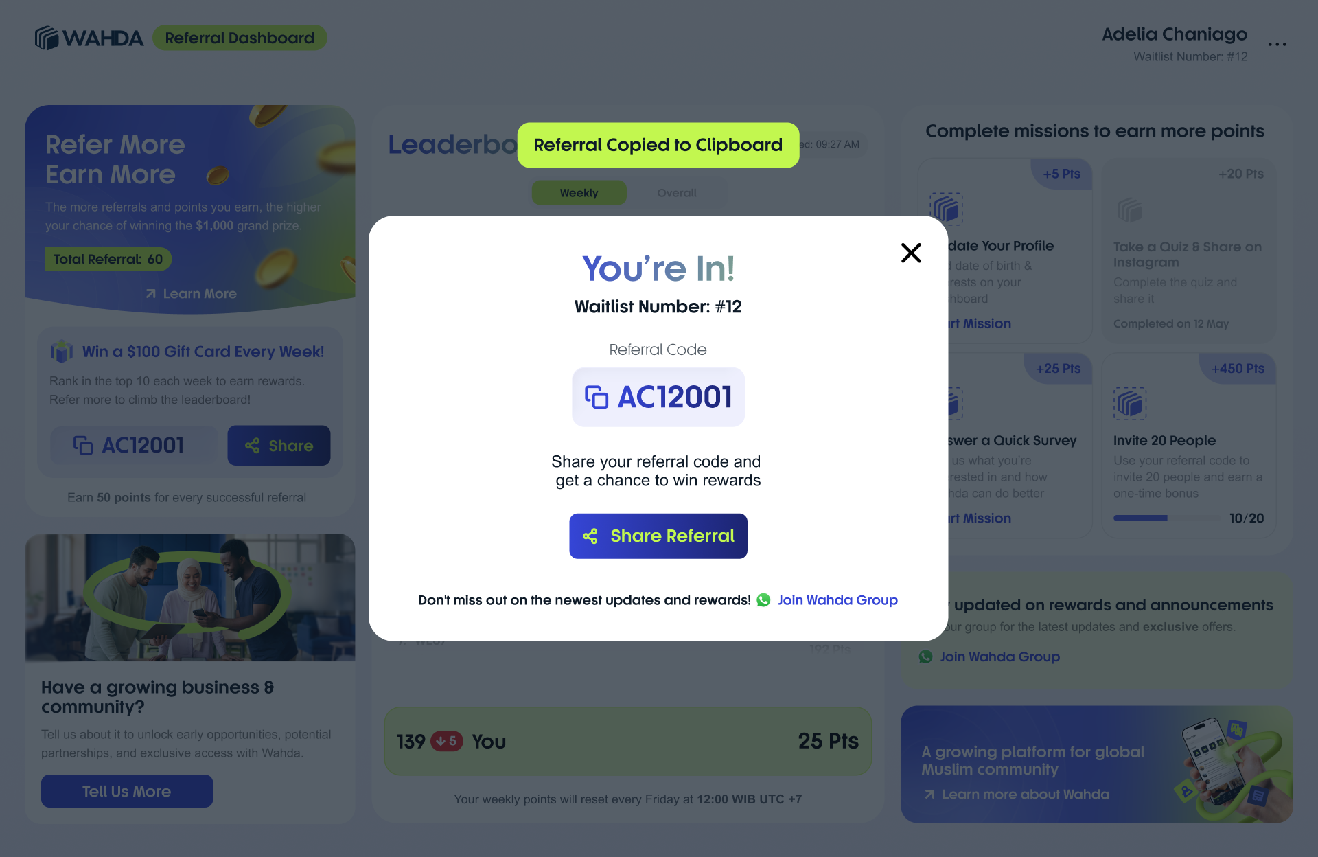 Waitlist welcome state with a referral code and share action.