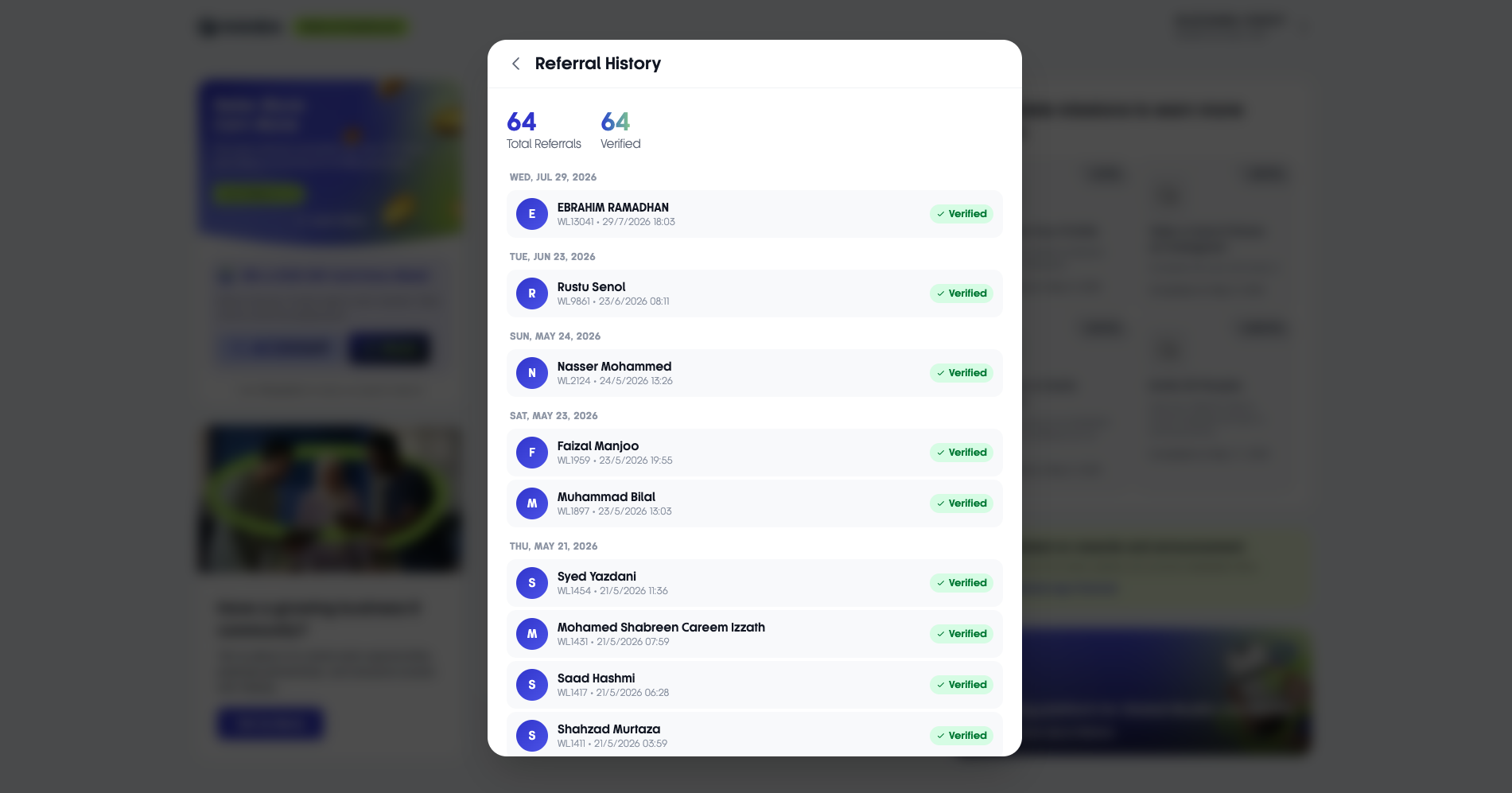 Referral history with verified referrals and progress.